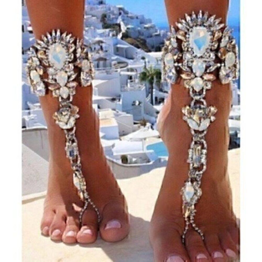 2pcs Multicolored Boho Style Toe Ring Anklet With Faux Crystal Beach
